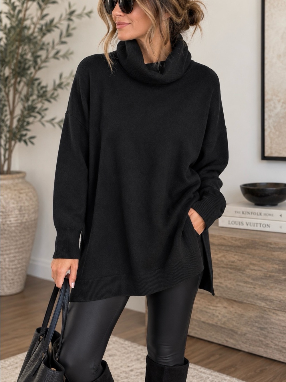 Eileen Fisher 100% Merino Wool Black Oversized Turtleneck Tunic Sweater M